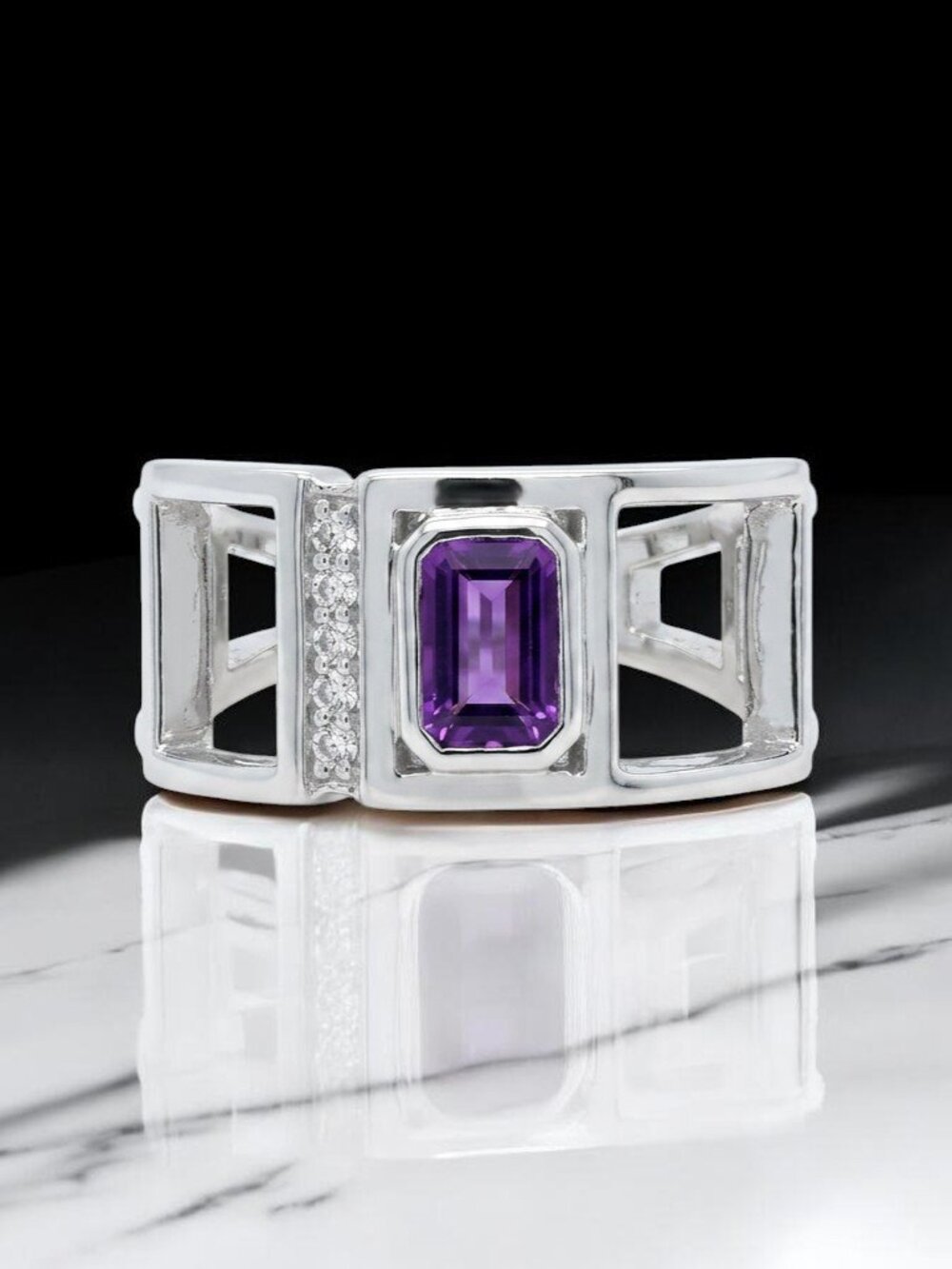 Sterling Silver Emerald Cut Amethyst Ring with CZ Accents — Size 6.5